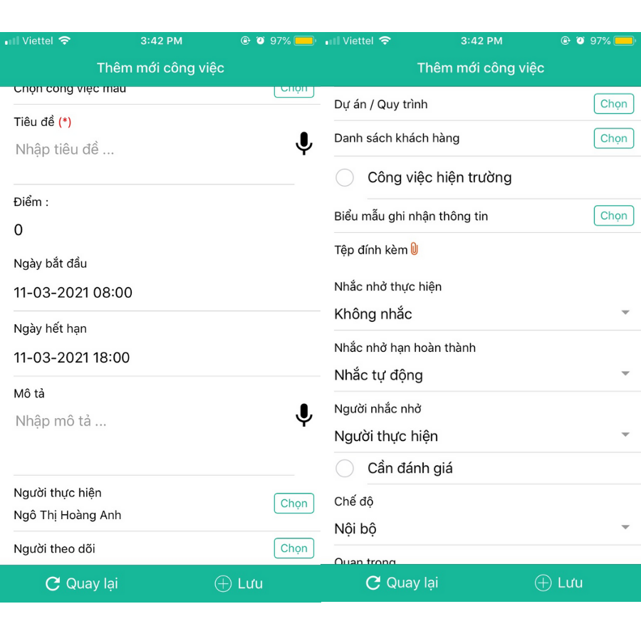 Giao diện thêm công việc trên di động