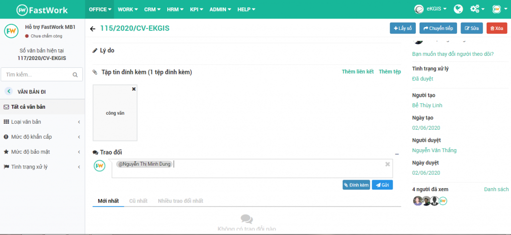 Tất cả các thành viên liên quan đều có thể trao đổi về văn bản, công văn ngay trên hệ thống phần mềm