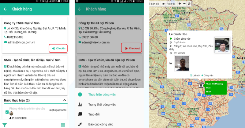 Giao diện checkin - checkout tại khách hàng kèm bản đồ GPS định vị vị trí trên FastWork