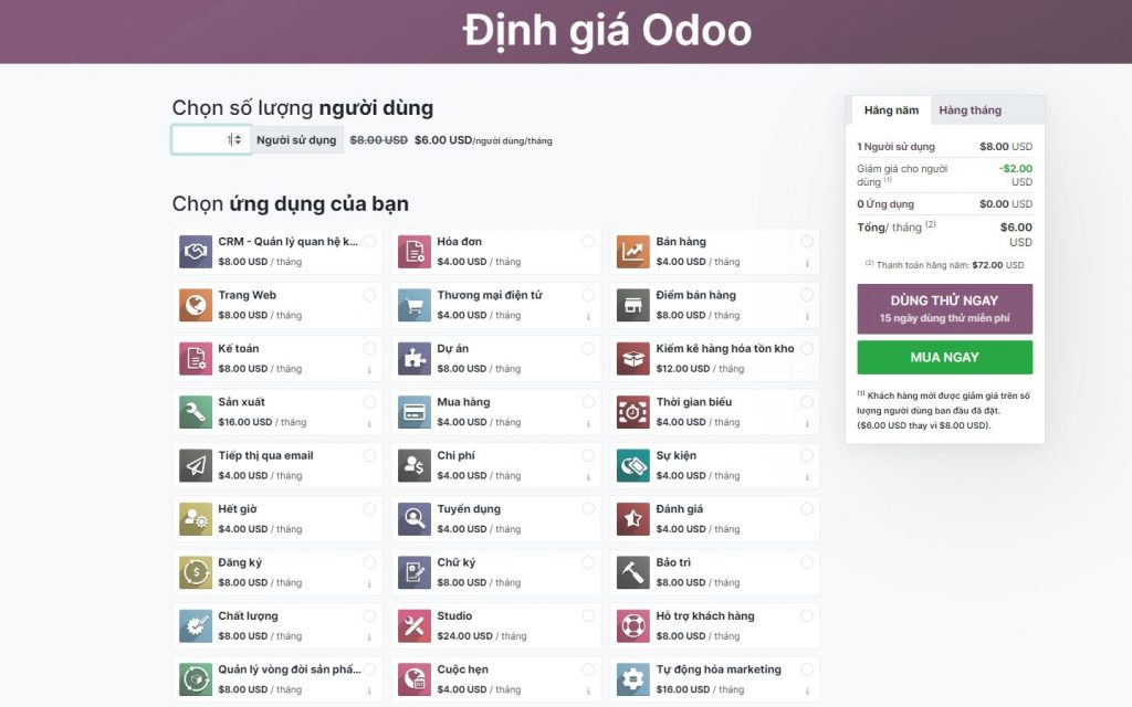 Chi phí sử dụng phần mềm Odoo ERP  