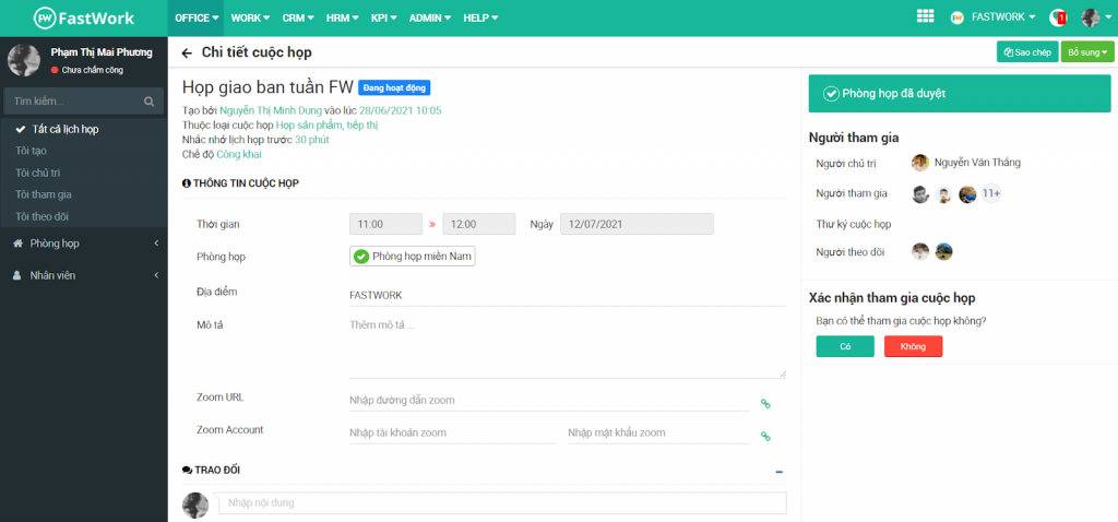 Giao diện chi tiết cuộc họp trên FastWork Meeting