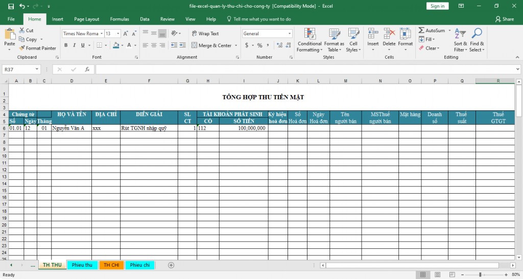 Ví dụ về một mẫu file quản lý thu chi bằng Excel