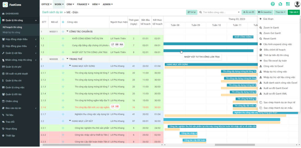 Gantt chart theo dõi tiến độ dự án xây dựng trên FastCons