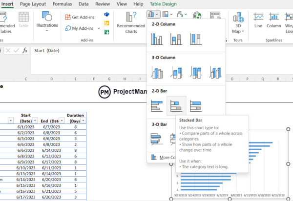 Tạo mới 1 biểu đồ trên excel