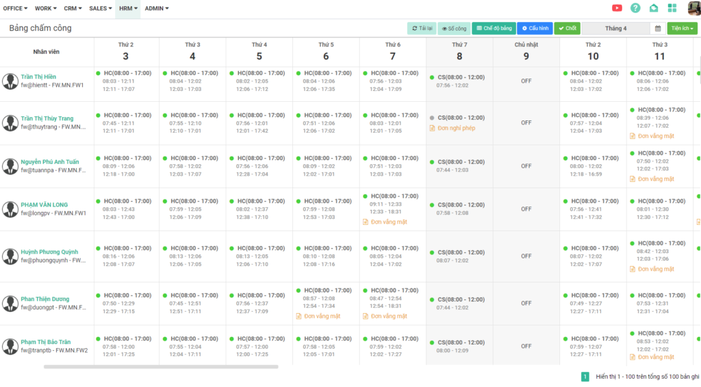 Giao diện quản lý thời gian chấm công của từng nhân viên trên FastWork 