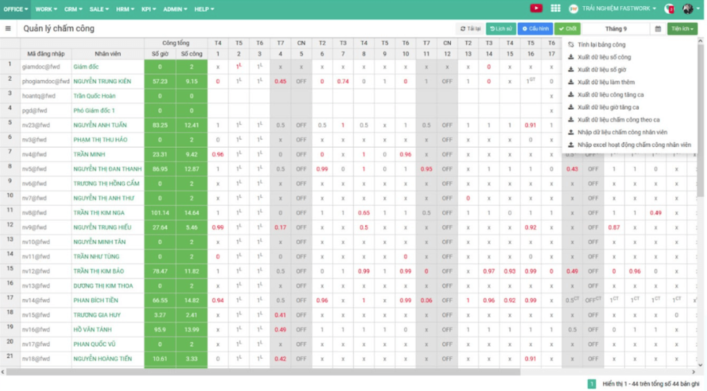 Giao diện bảng công tổng của cả công ty 
