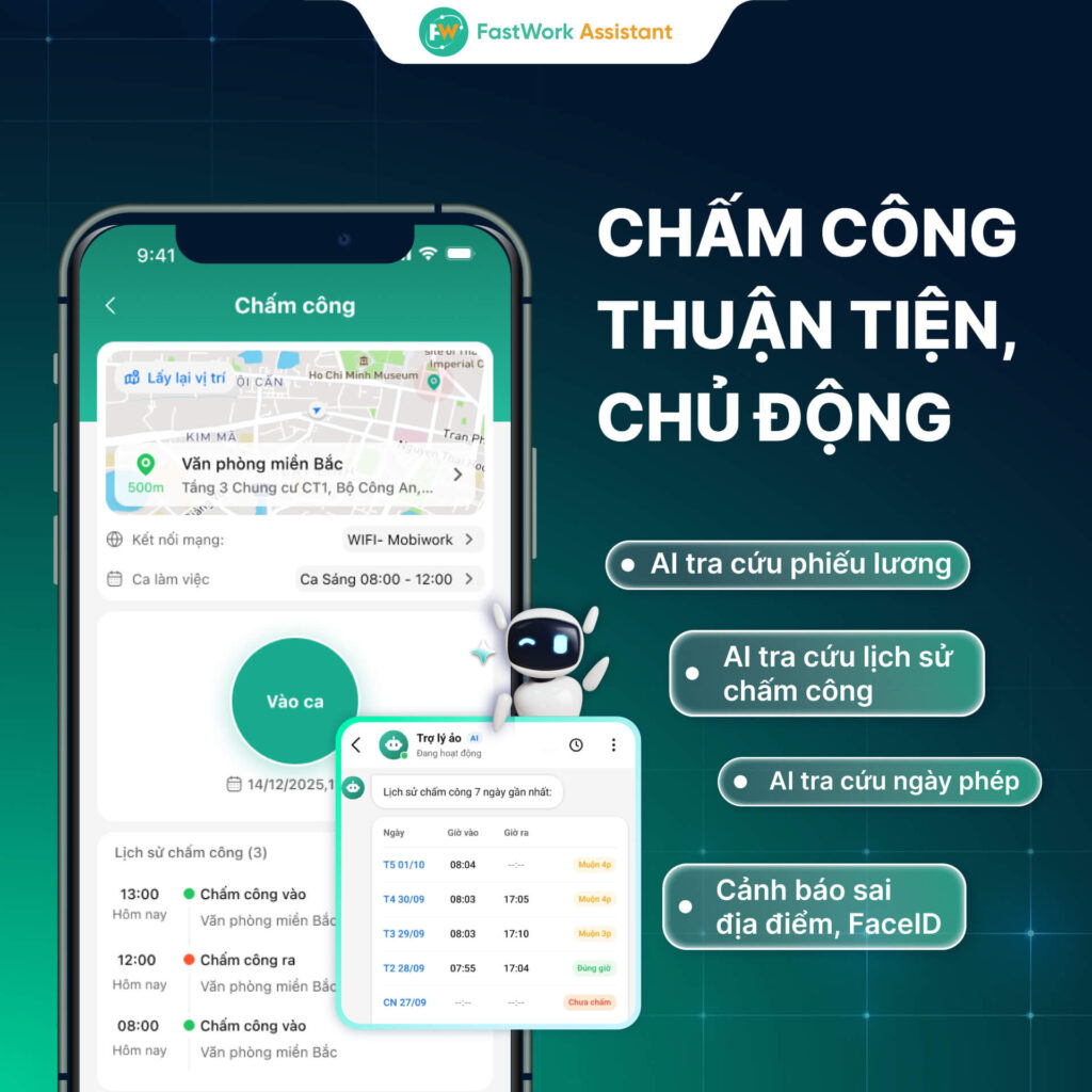 Chấm công đa địa điểm bằng GPS và FaceID, số hóa đơn từ